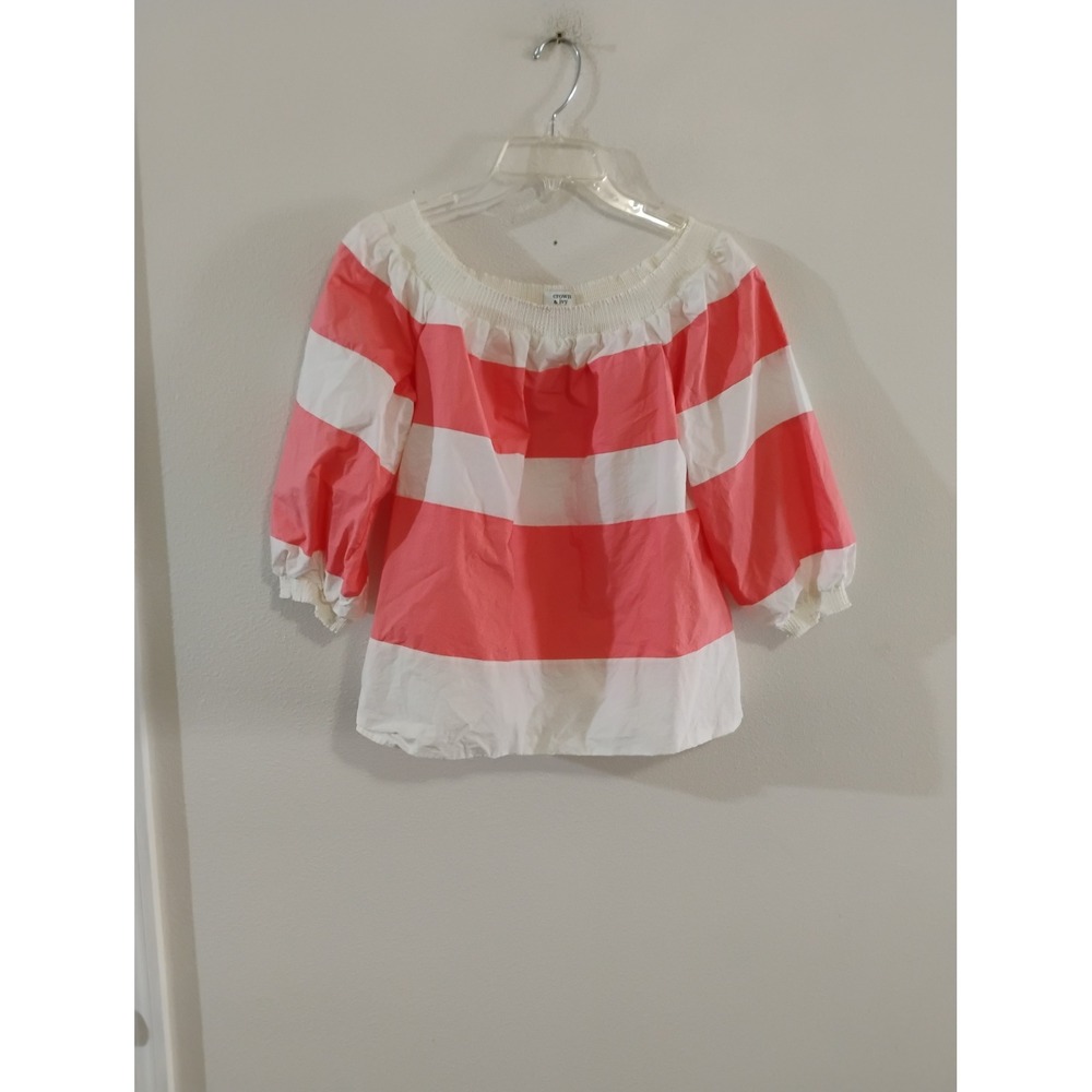 Crown & Ivy Womens Coral Pink White Striped Off Shoulder Smocked Blouse Size M
